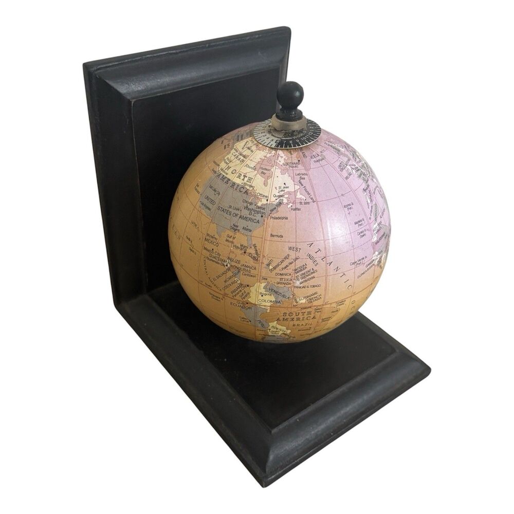 Vintage Style World Time Globe Bookend Black Wood Library Decor Map Office 5.5”